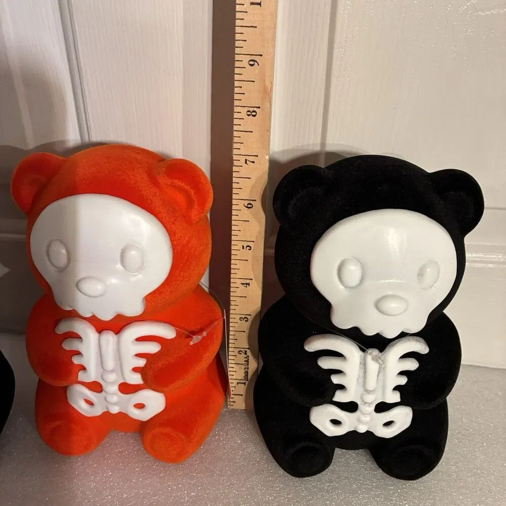 Halloween Skeleton felt Bears, 2 black and 1 orange 7 inches tall. New with Tags
